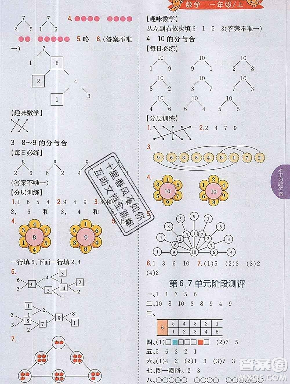 吉林人民出版社2019年小學(xué)教材全解讀一年級(jí)數(shù)學(xué)上冊(cè)江蘇版答案