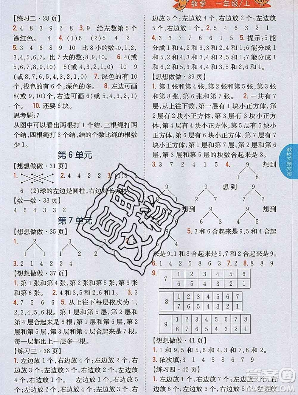 吉林人民出版社2019年小學(xué)教材全解讀一年級(jí)數(shù)學(xué)上冊(cè)江蘇版答案