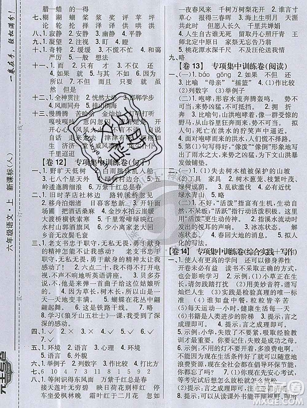 2019年小學(xué)教材完全考卷六年級(jí)語(yǔ)文上冊(cè)人教版答案