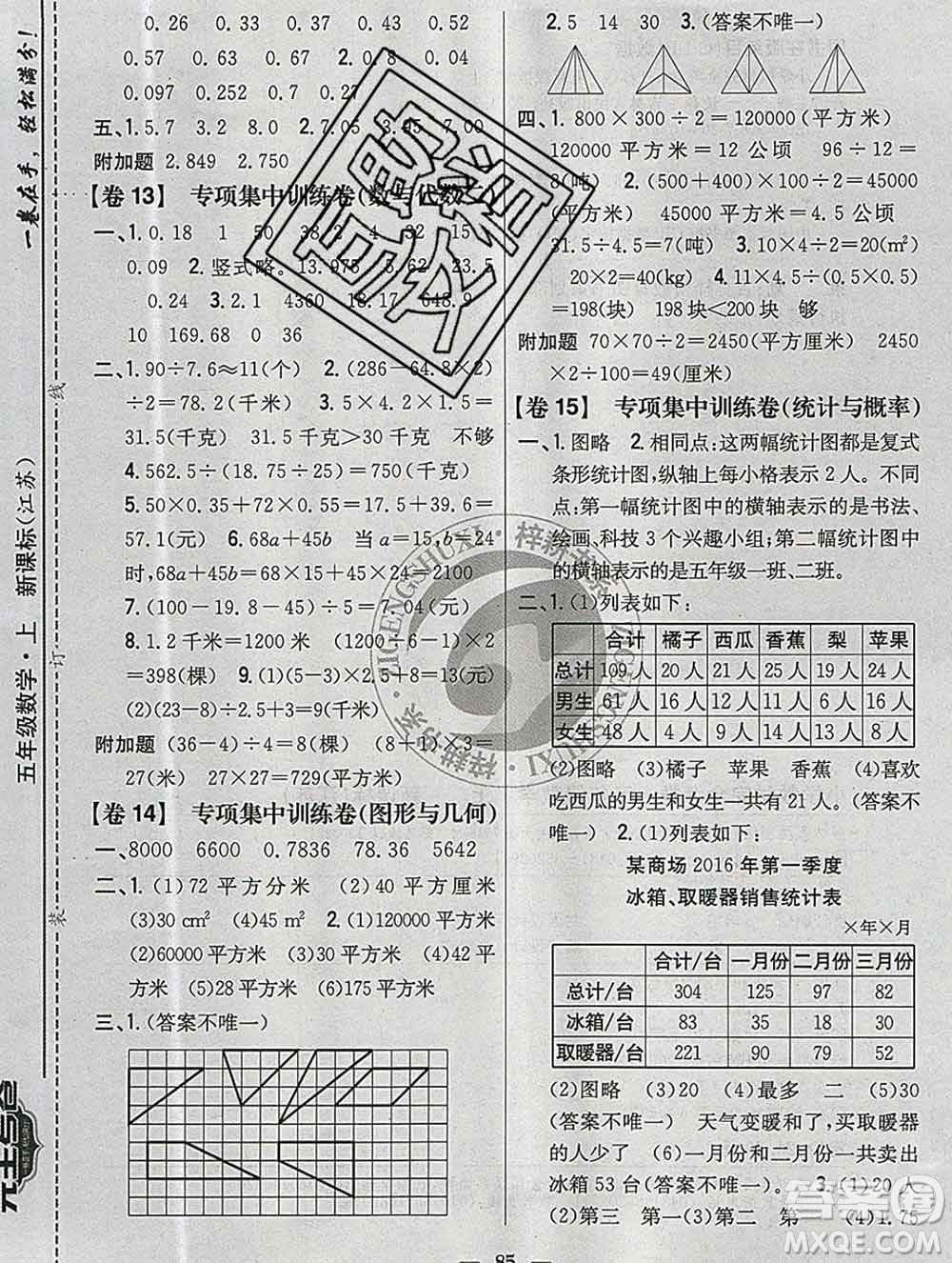 2019年小學(xué)教材完全考卷五年級(jí)數(shù)學(xué)上冊江蘇版答案