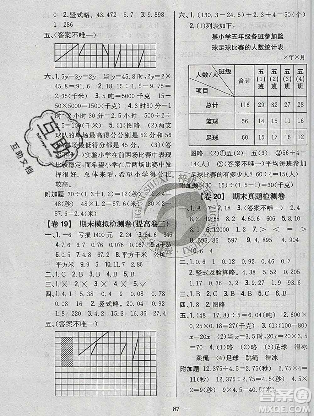 2019年小學(xué)教材完全考卷五年級(jí)數(shù)學(xué)上冊江蘇版答案