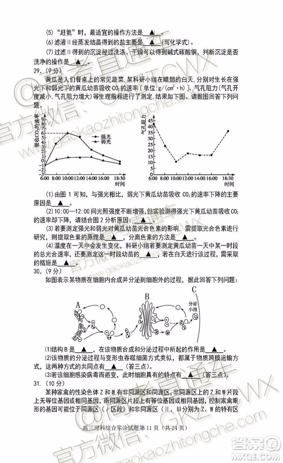 遂寧市高中2020屆零診考試?yán)砜凭C合試題及參考答案