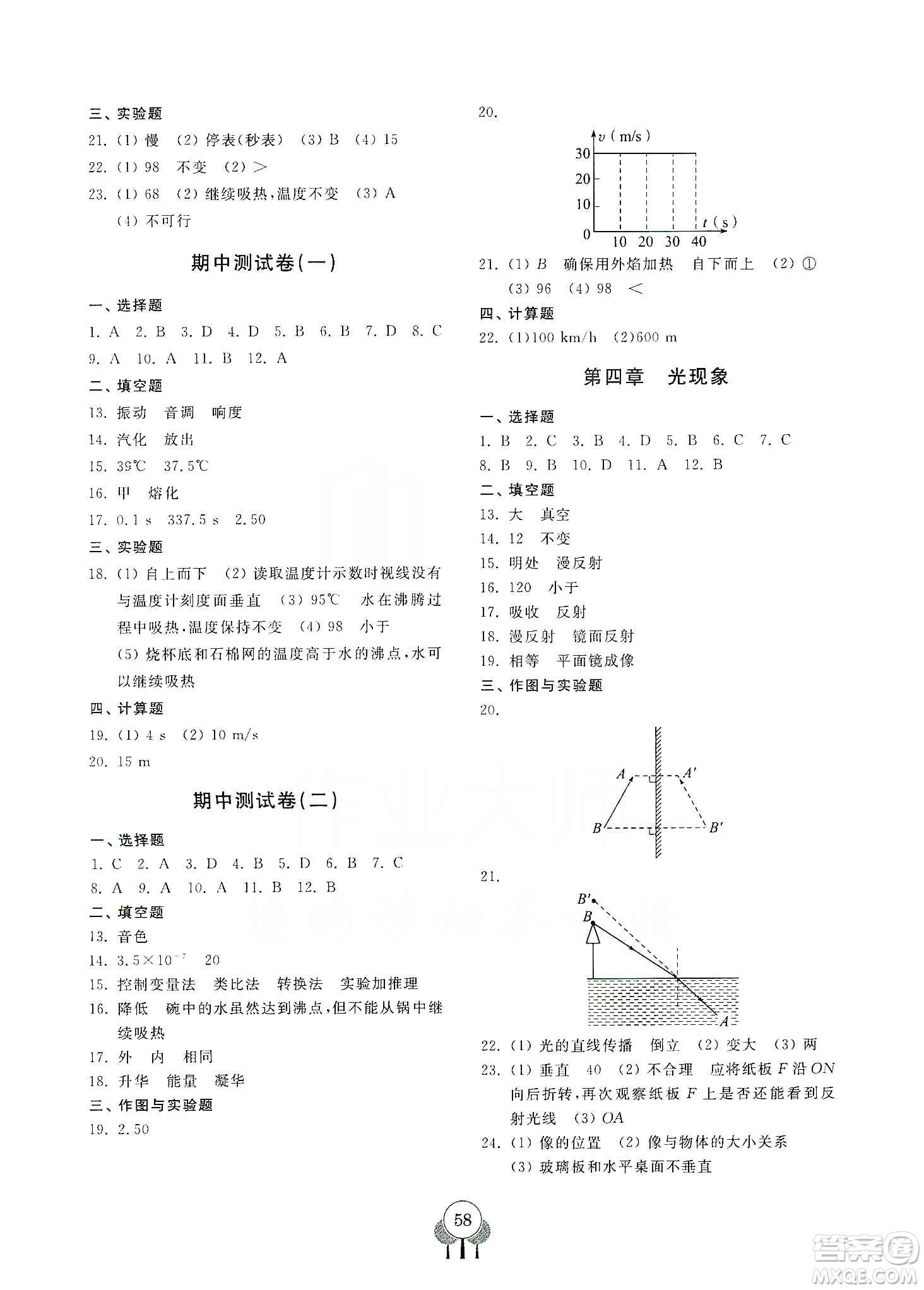 齊魯書社2019初中單元測試卷八年級物理上冊人教版答案