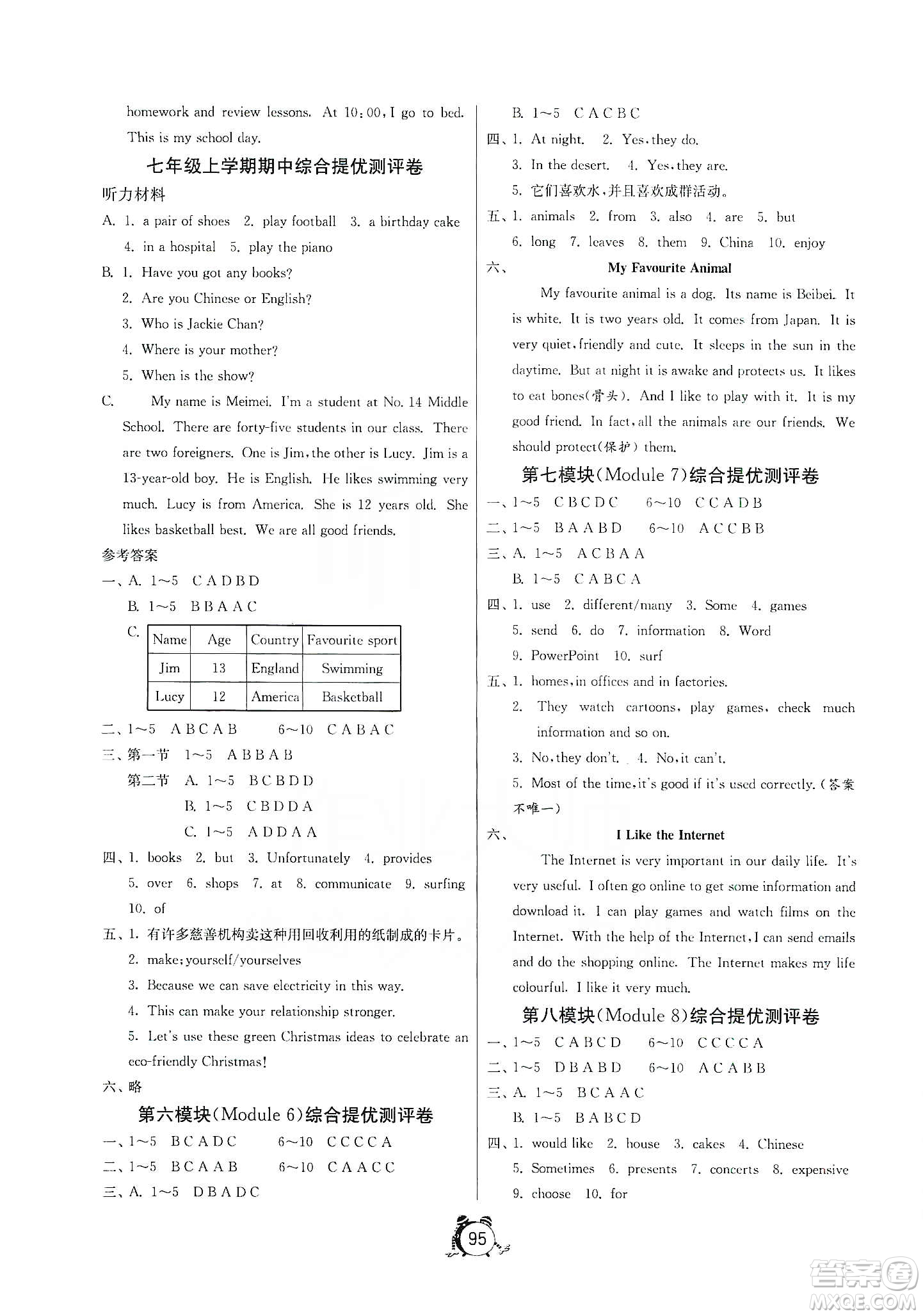 山東人民出版社2019初中單元測試卷七年級英語上冊外研版答案