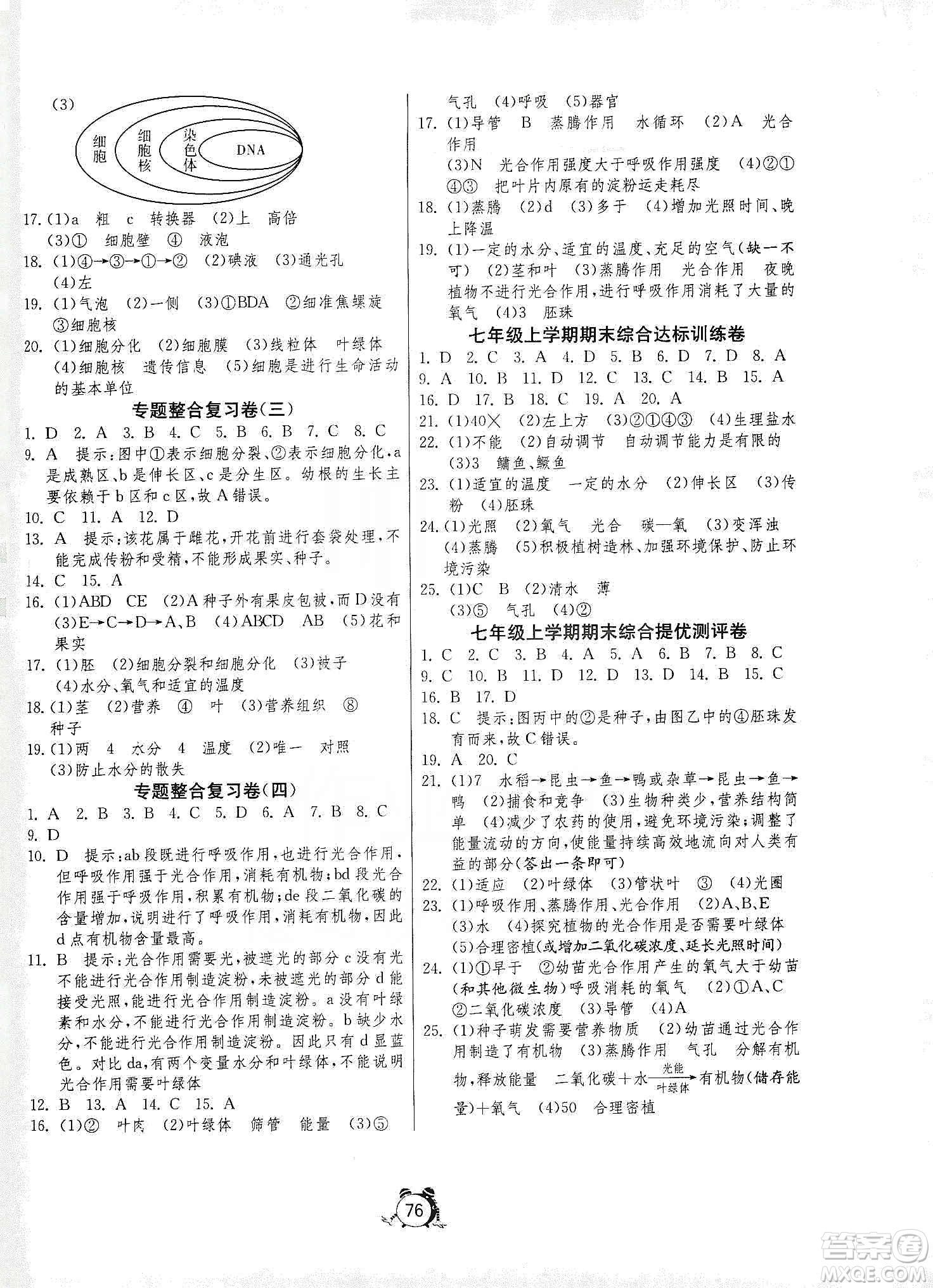 山東人民出版社2019初中單元測試卷七年級生物學上冊人教版答案