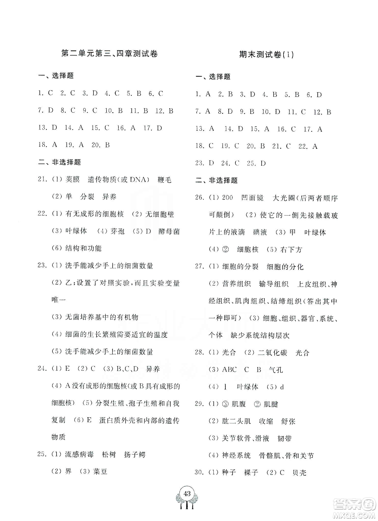 齊魯書社2019初中單元測試卷七年級生物學(xué)上冊人教版答案