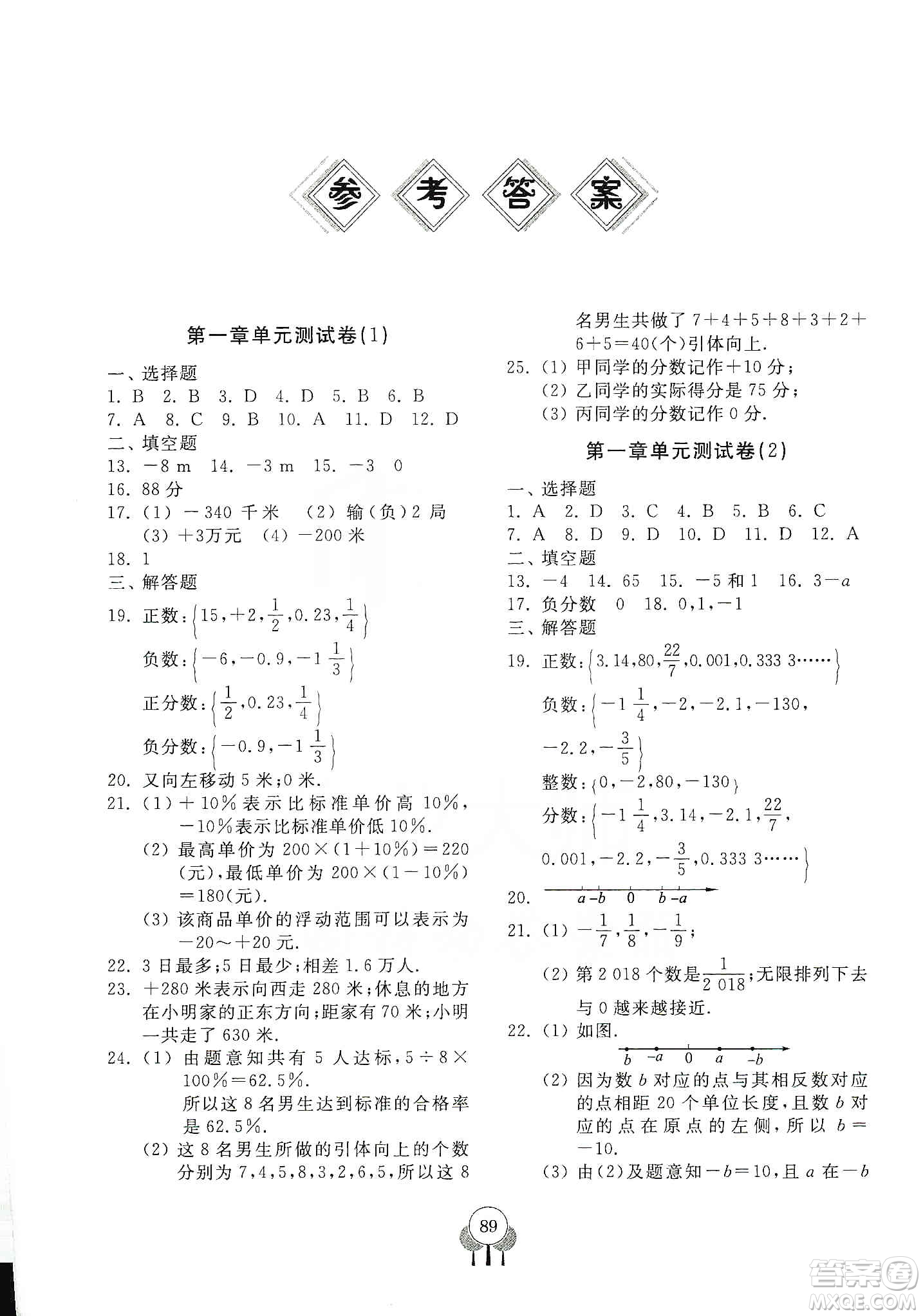 齊魯書社2019初中單元測試卷七年級(jí)數(shù)學(xué)上冊(cè)人教版答案