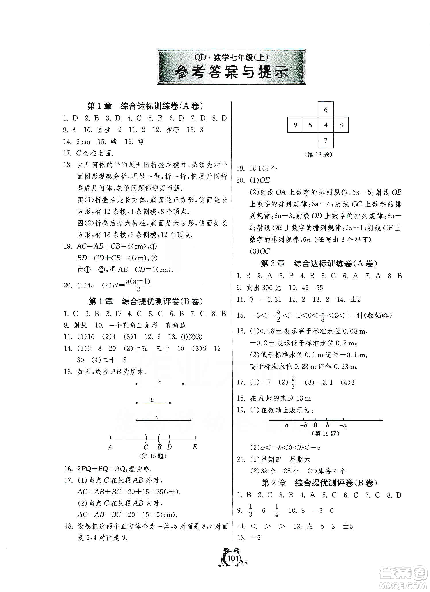 山東人民出版社2019初中單元測試卷七年級數(shù)學(xué)上冊青島版答案