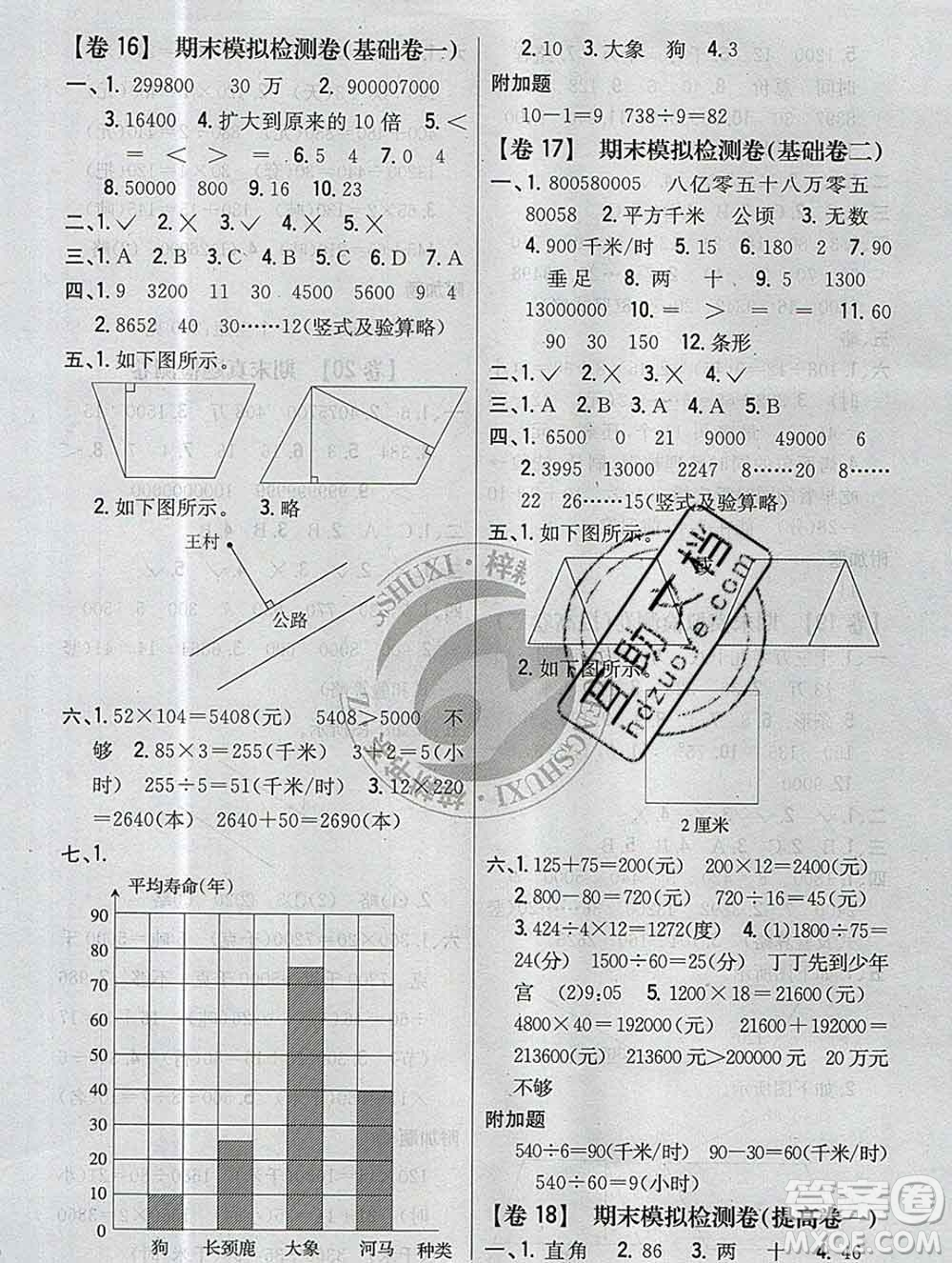 2019年小學(xué)教材完全考卷四年級(jí)數(shù)學(xué)上冊(cè)人教版答案