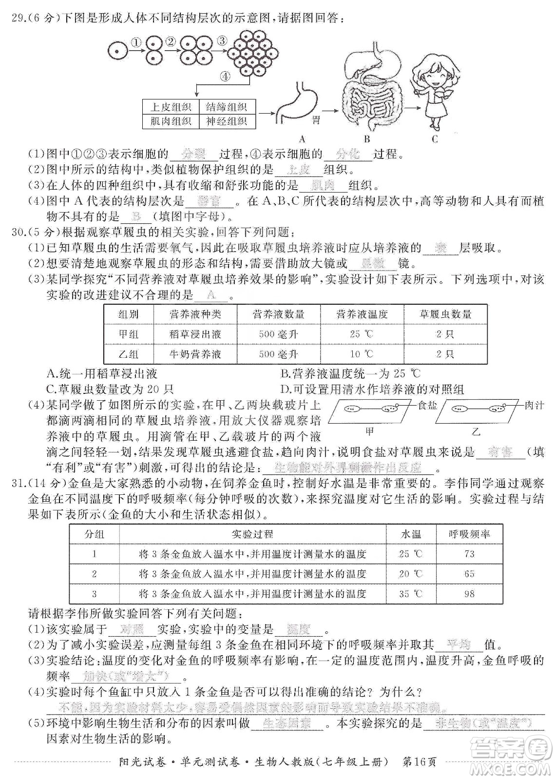 江西高校出版社2019陽光試卷單元測試卷七年級生物上冊人教版答案