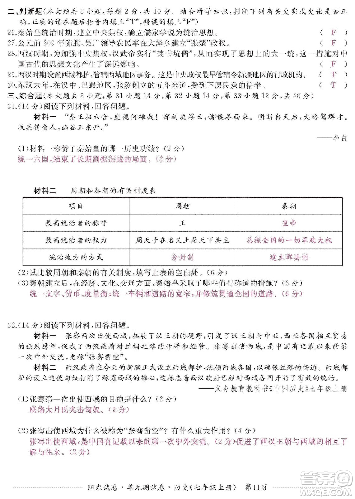 江西高校出版社2019陽(yáng)光試卷單元測(cè)試卷七年級(jí)歷史上冊(cè)人教版答案