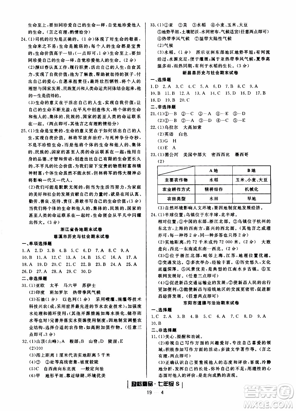 2019新版勵耘書業(yè)浙江期末歷史與社會道德與法治七年級上冊人教版參考答案