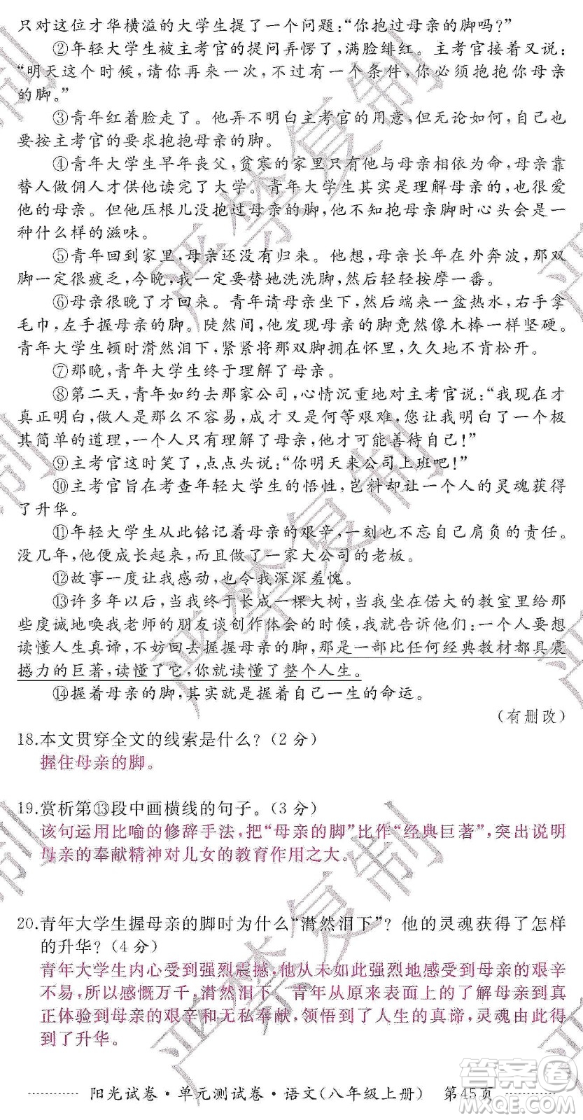 江西高校出版社2019陽光試卷單元測試卷八年級語文上冊人教版答案