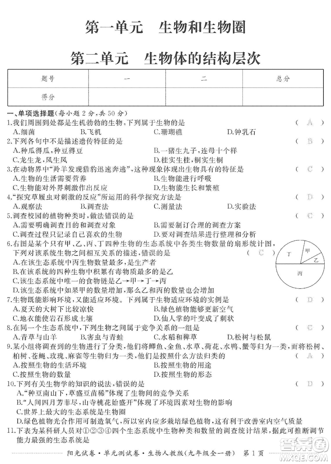 江西高校出版社2019陽(yáng)光試卷單元測(cè)試卷九年級(jí)生物全一冊(cè)人教版答案