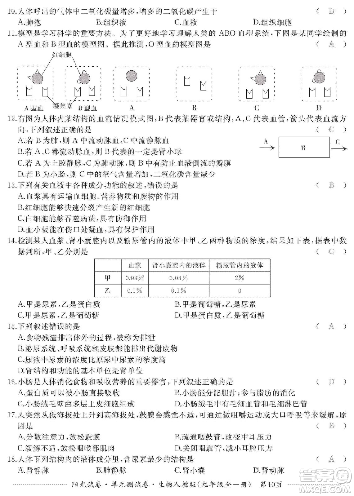 江西高校出版社2019陽(yáng)光試卷單元測(cè)試卷九年級(jí)生物全一冊(cè)人教版答案