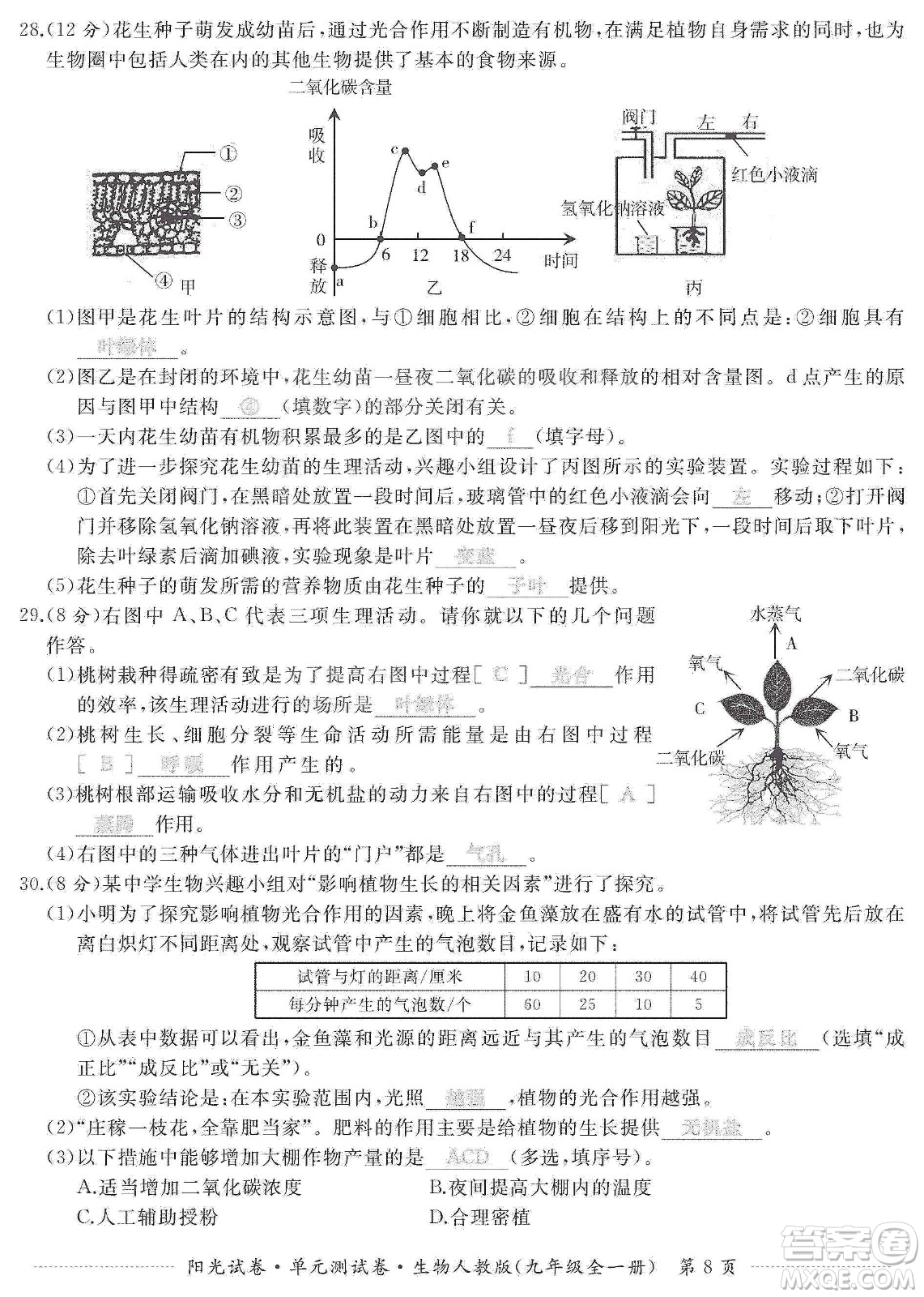 江西高校出版社2019陽(yáng)光試卷單元測(cè)試卷九年級(jí)生物全一冊(cè)人教版答案