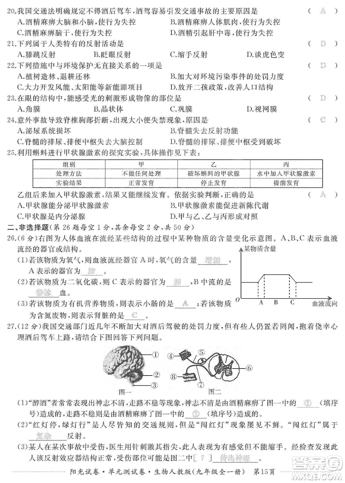 江西高校出版社2019陽(yáng)光試卷單元測(cè)試卷九年級(jí)生物全一冊(cè)人教版答案