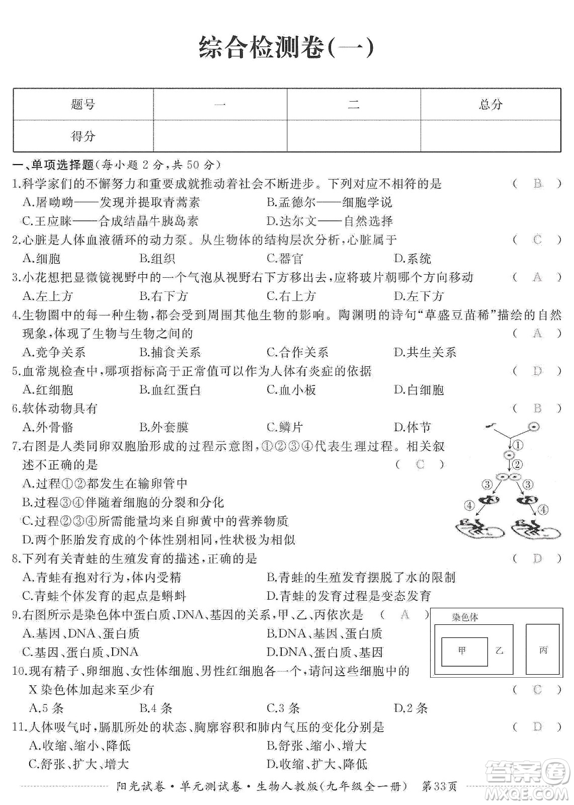 江西高校出版社2019陽(yáng)光試卷單元測(cè)試卷九年級(jí)生物全一冊(cè)人教版答案