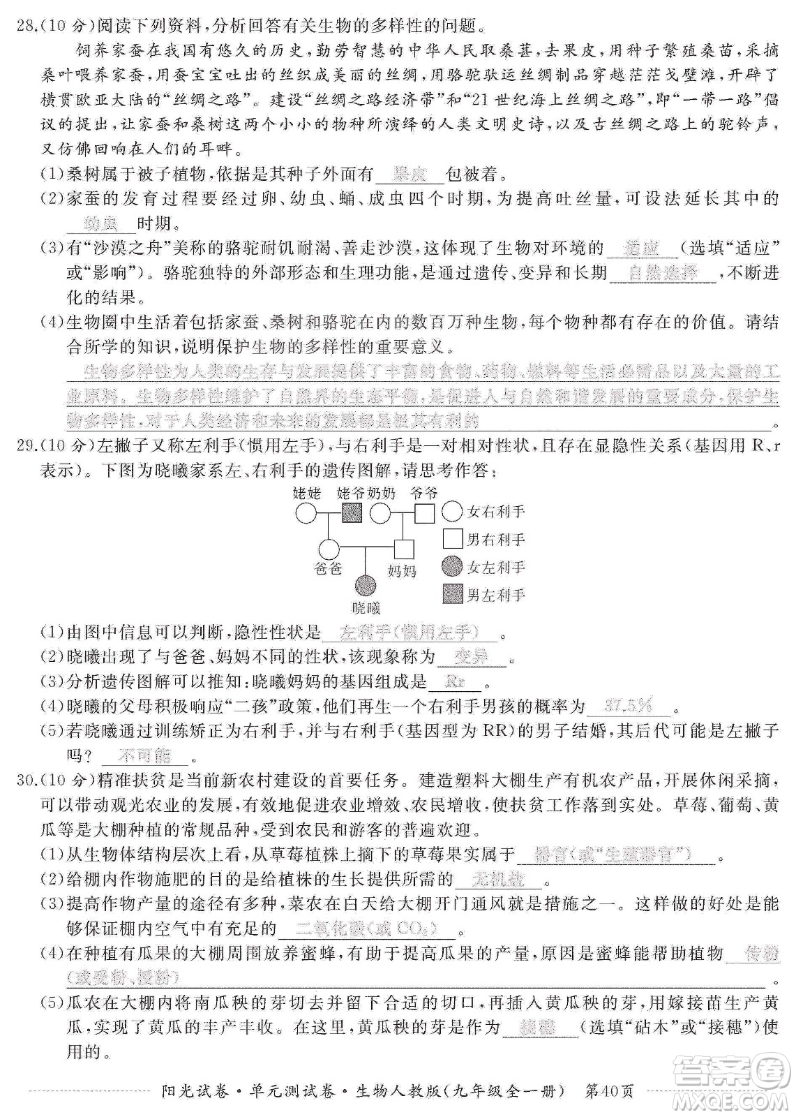 江西高校出版社2019陽(yáng)光試卷單元測(cè)試卷九年級(jí)生物全一冊(cè)人教版答案