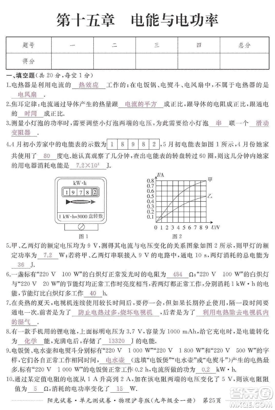 江西高校出版社2019陽光試卷單元測試卷九年級物理全一冊滬粵版答案