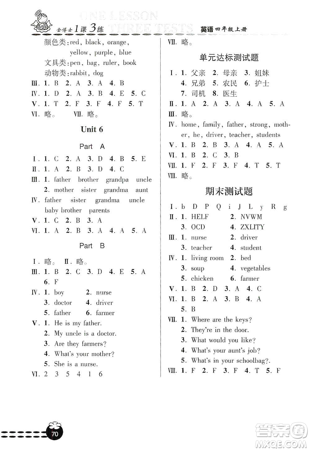 青島出版社2019金博士1課3練單元達標測試題四年級英語上冊人教版答案