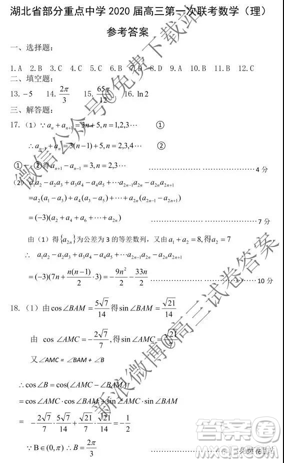 湖北部分重點(diǎn)中學(xué)2020屆高三第一次大聯(lián)考理科數(shù)學(xué)試題及答案