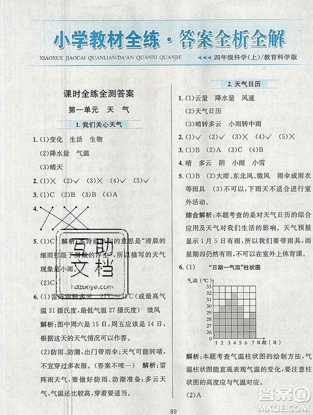 陜西人民教育出版社2019年小學(xué)教材全練四年級(jí)科學(xué)上冊(cè)教科版答案