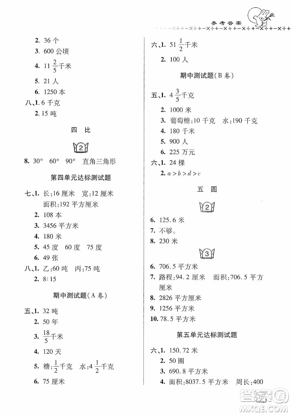 青島出版社2019金博士1課3練單元達標測試題六年級數(shù)學上冊青島版答案