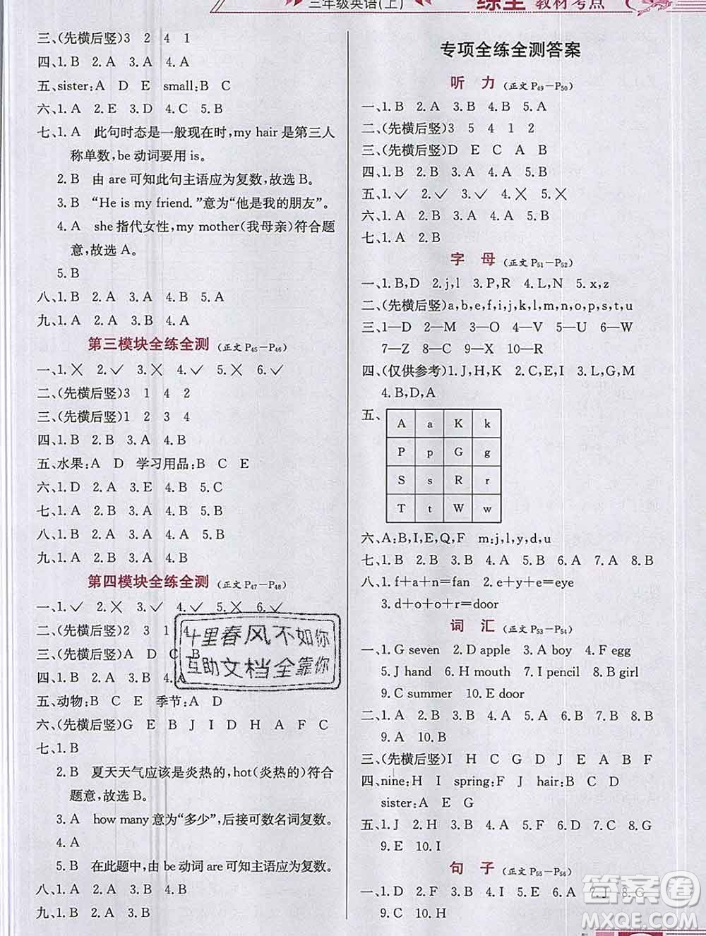 陜西人民教育出版社2019年小學(xué)教材全練三年級(jí)英語(yǔ)上冊(cè)滬教牛津版答案