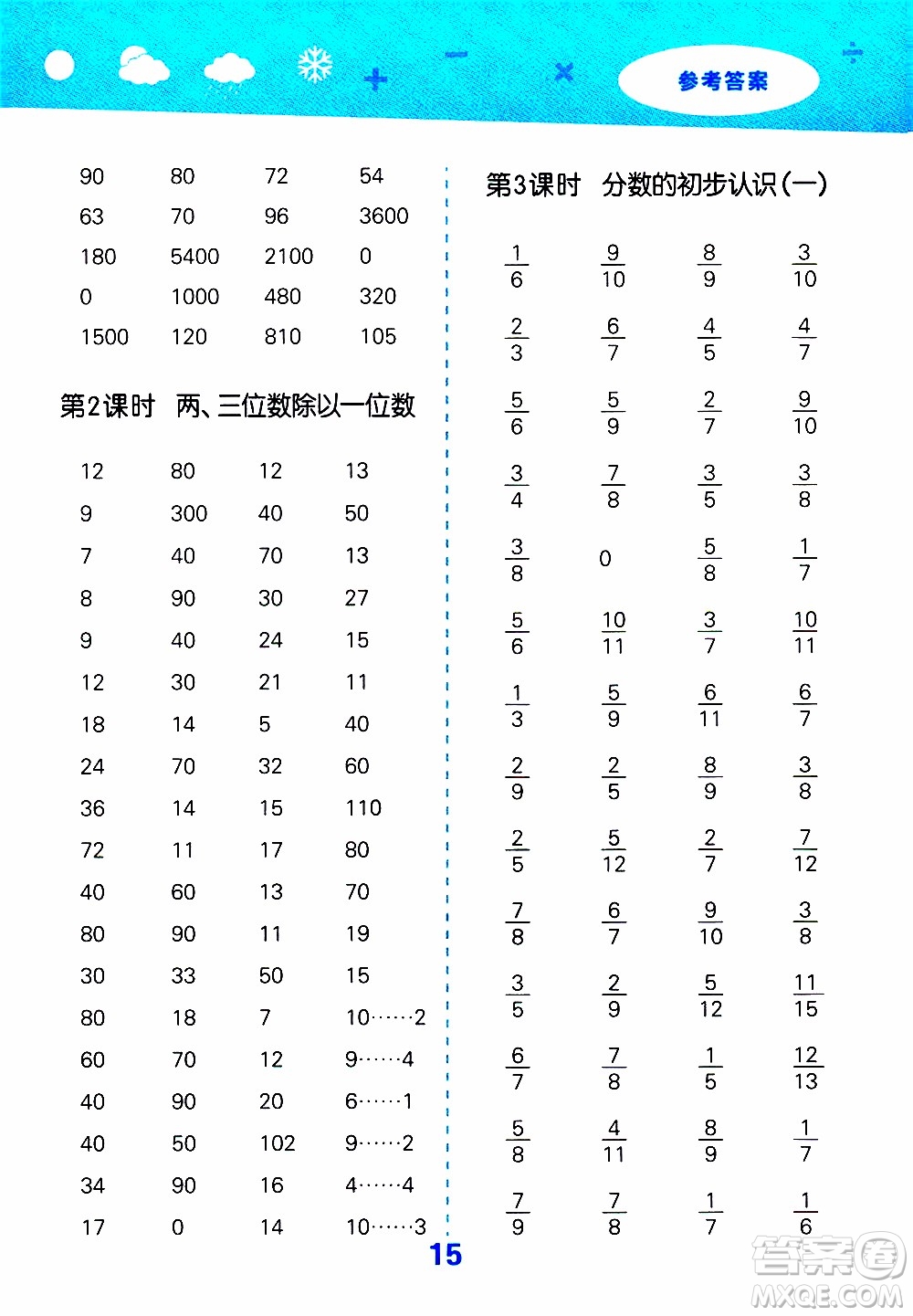 小兒郎2019秋季小學口算大通關數(shù)學三年級上冊SJ蘇教版參考答案