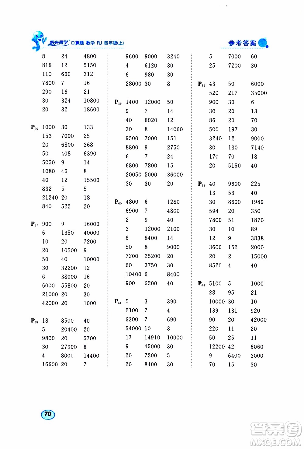 2019年陽光同學(xué)口算題數(shù)學(xué)四年級上冊RJ人教版參考答案