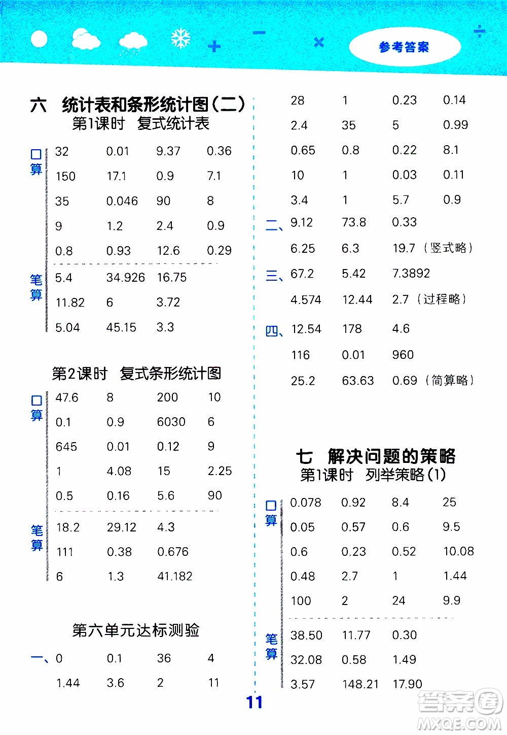 小兒郎2019秋季小學(xué)口算大通關(guān)數(shù)學(xué)五年級上冊SJ蘇教版參考答案