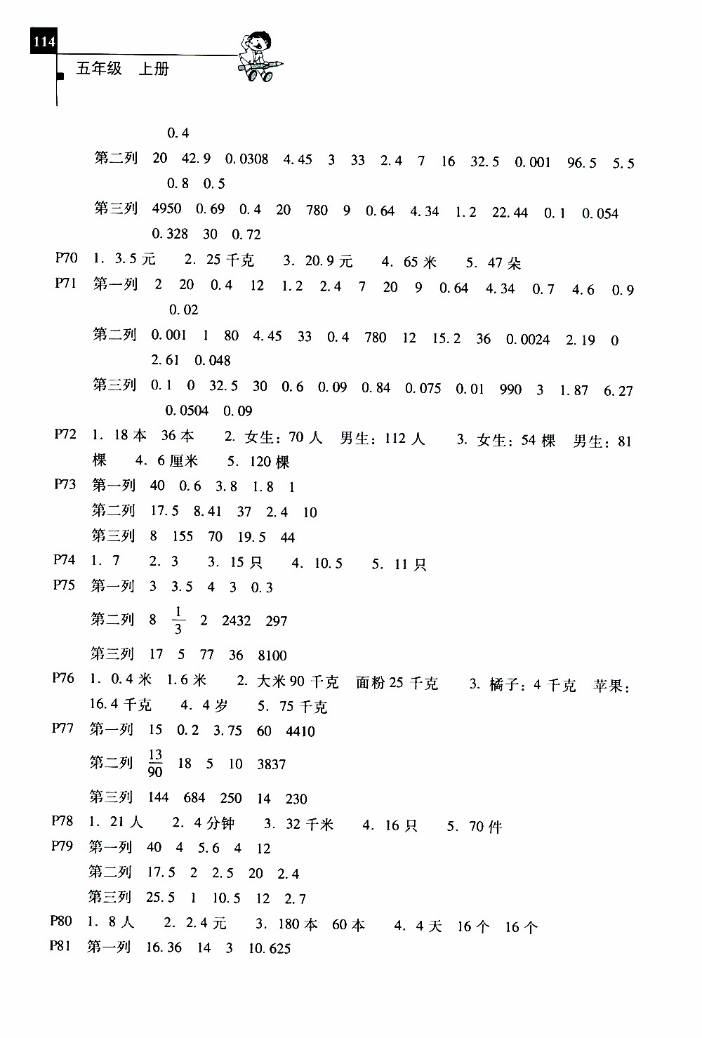 2019年一線名師口算應(yīng)用題天天練一本全五年級上冊參考答案