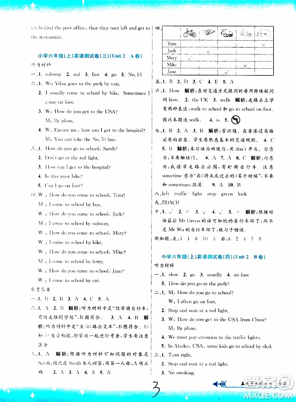 孟建平系列叢書2019年小學(xué)單元測試英語六年級上冊R人教版參考答案