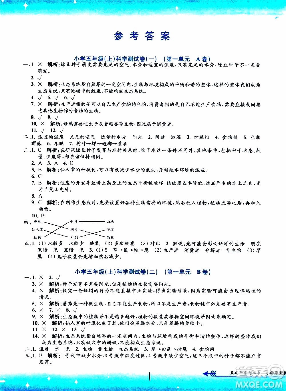 孟建平系列叢書(shū)2019年小學(xué)單元測(cè)試科學(xué)五年級(jí)上冊(cè)J教科版參考答案