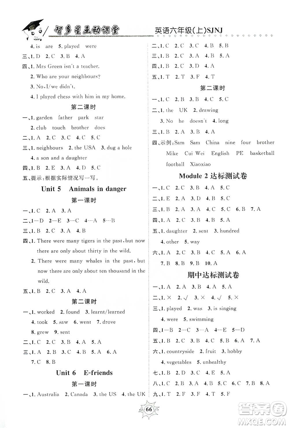 沈陽(yáng)出版社2019智多星互動(dòng)課堂六年級(jí)英語(yǔ)上冊(cè)SJNJ版答案