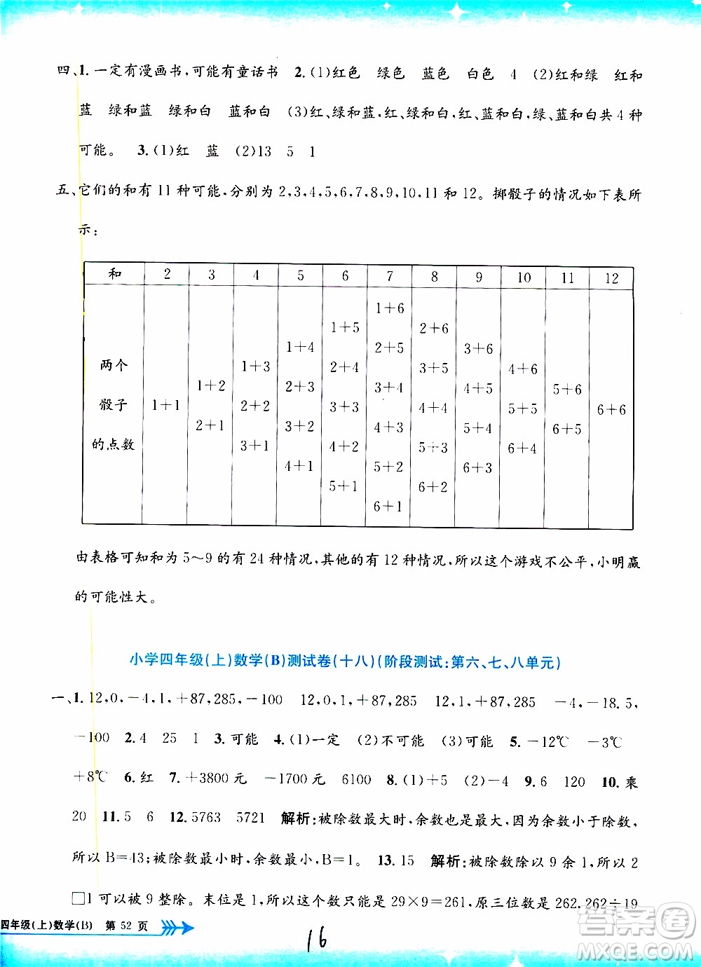 孟建平系列叢書2019年小學單元測試數(shù)學四年級上冊B北師大版參考答案