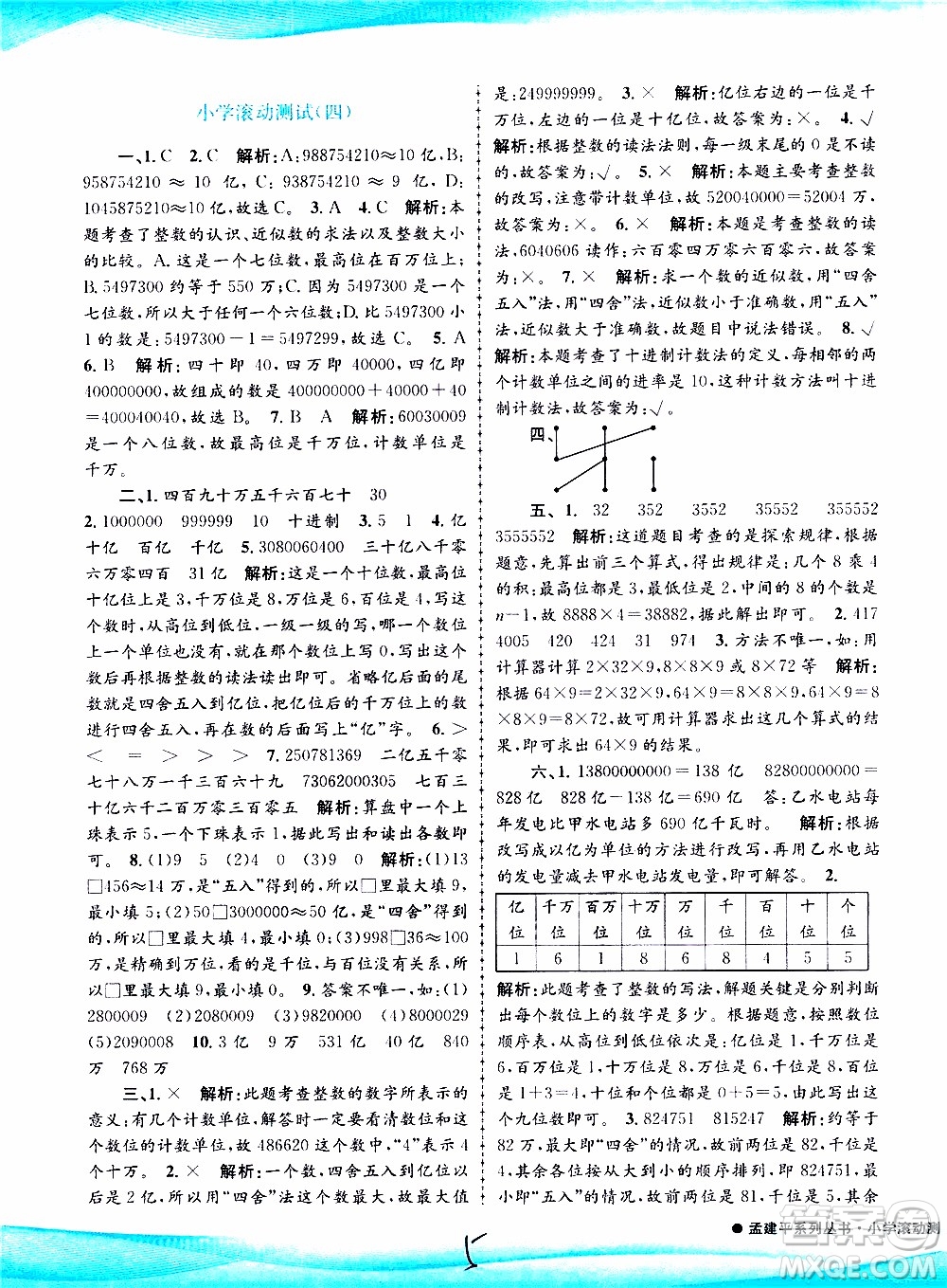 孟建平系列叢書2019年小學(xué)滾動測試數(shù)學(xué)四年級上冊R人教版參考答案