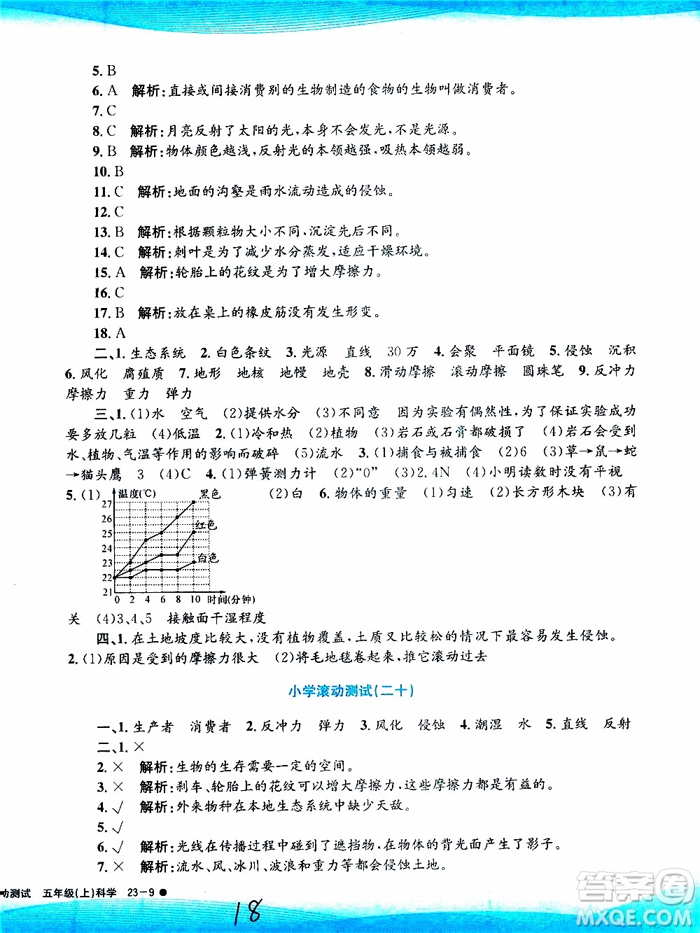 孟建平系列叢書2019年小學滾動測試科學五年級上冊J教科版參考答案