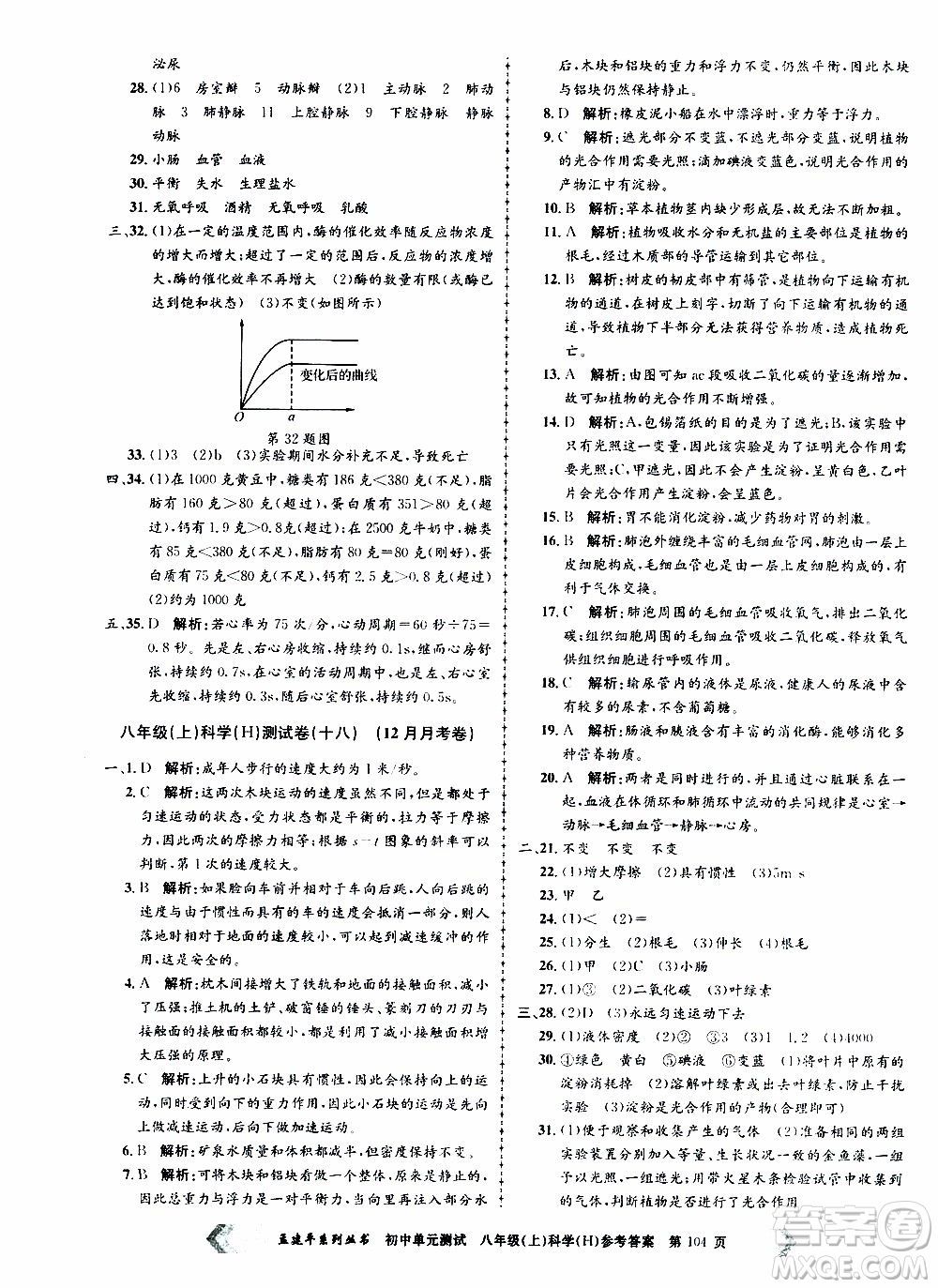 2019年孟建平系列叢書(shū)初中單元測(cè)試科學(xué)八年級(jí)上冊(cè)H滬教版參考答案