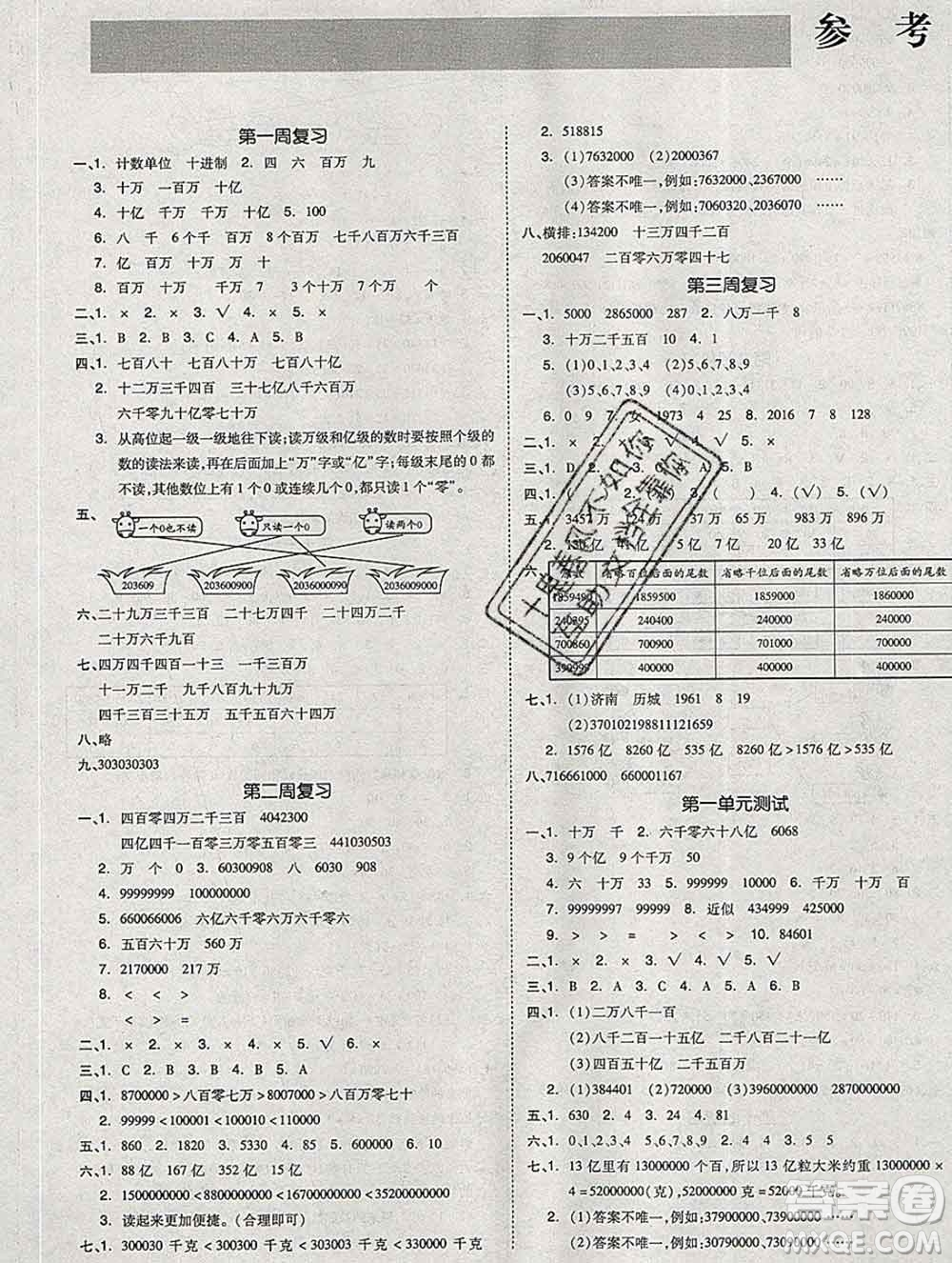 全品小復習小學數學四年級上冊青島版2019秋新版答案