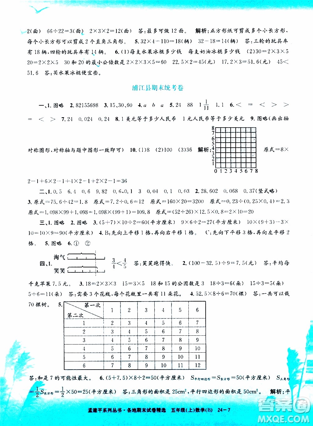 孟建平系列叢書2019年各地期末試卷精選數(shù)學五年級上B北師版參考答案