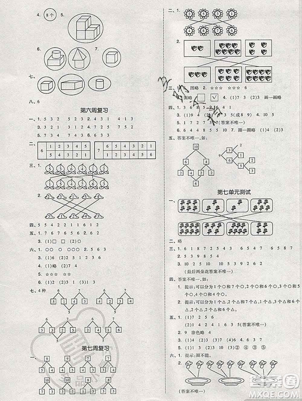 全品小復(fù)習(xí)小學(xué)數(shù)學(xué)一年級(jí)上冊(cè)蘇教版2019秋新版答案