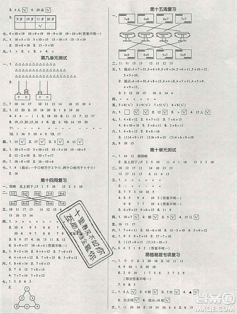 全品小復(fù)習(xí)小學(xué)數(shù)學(xué)一年級(jí)上冊(cè)蘇教版2019秋新版答案