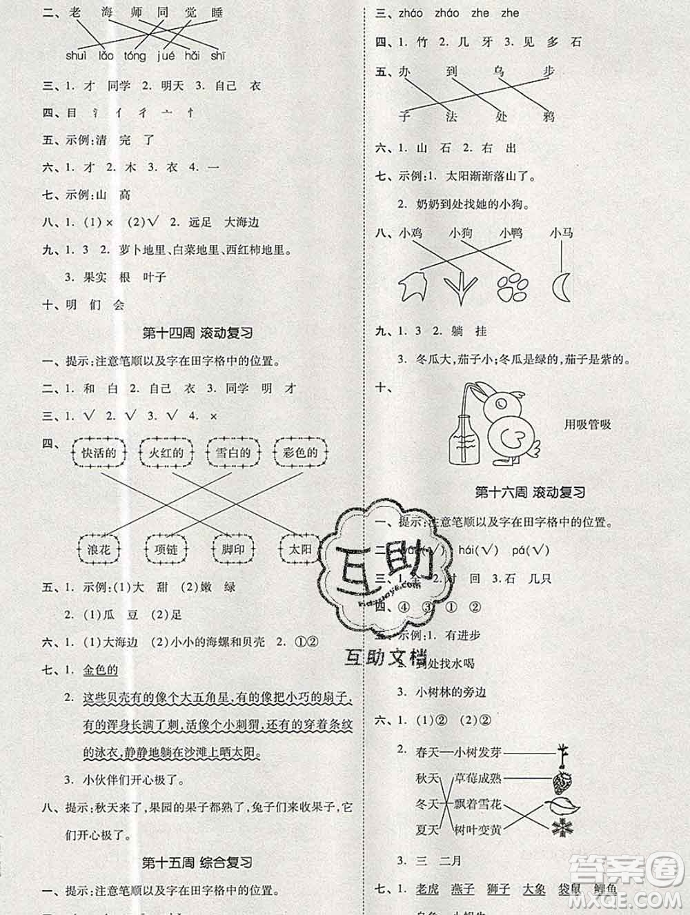 全品小復(fù)習(xí)小學(xué)語文一年級上冊人教版2019秋新版答案