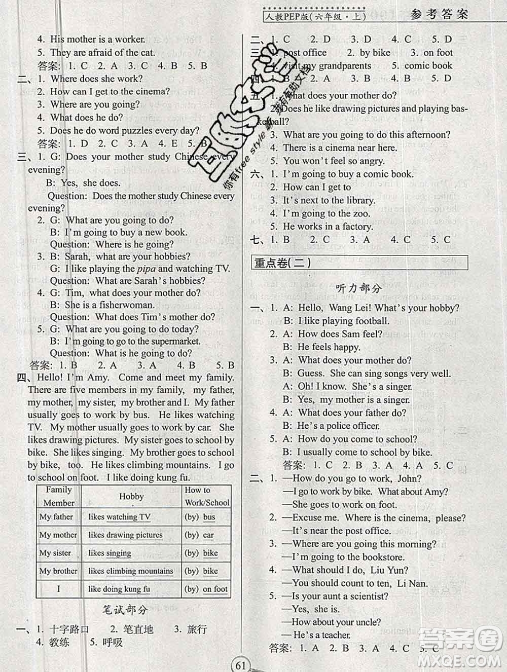 長春出版社2019秋新版15天巧奪100分六年級英語上冊人教版答案