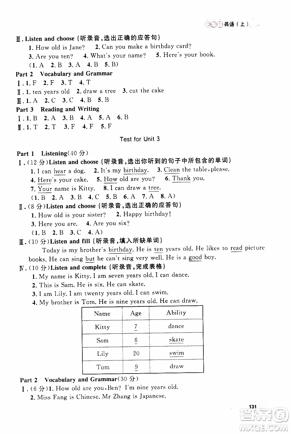 鐘書金牌2019年上海作業(yè)三年級(jí)上英語N版牛津版參考答案