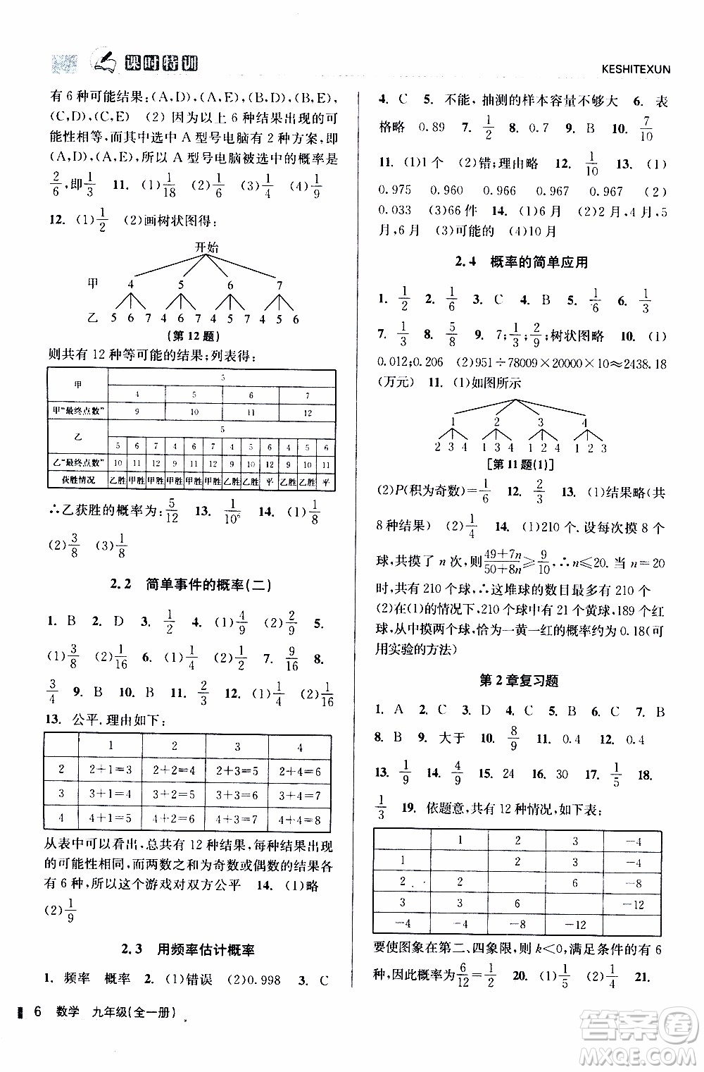 2019年浙江新課程三維目標(biāo)測評課時特訓(xùn)數(shù)學(xué)九年級全一冊Z浙教版參考答案