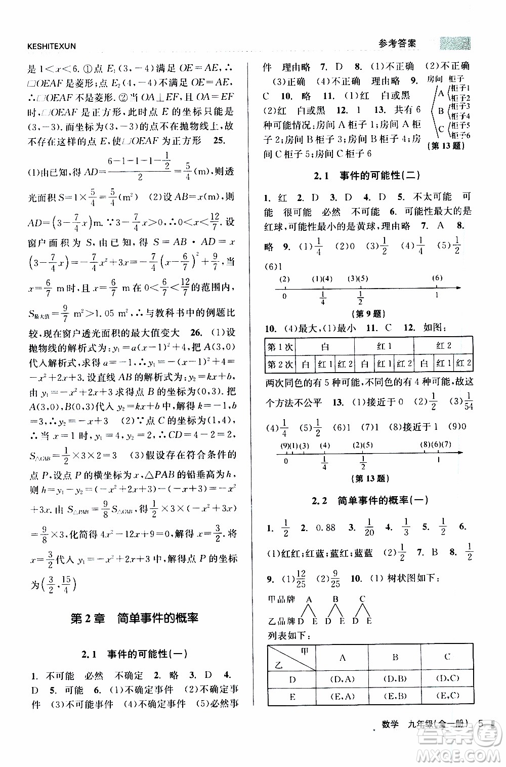 2019年浙江新課程三維目標(biāo)測評課時特訓(xùn)數(shù)學(xué)九年級全一冊Z浙教版參考答案