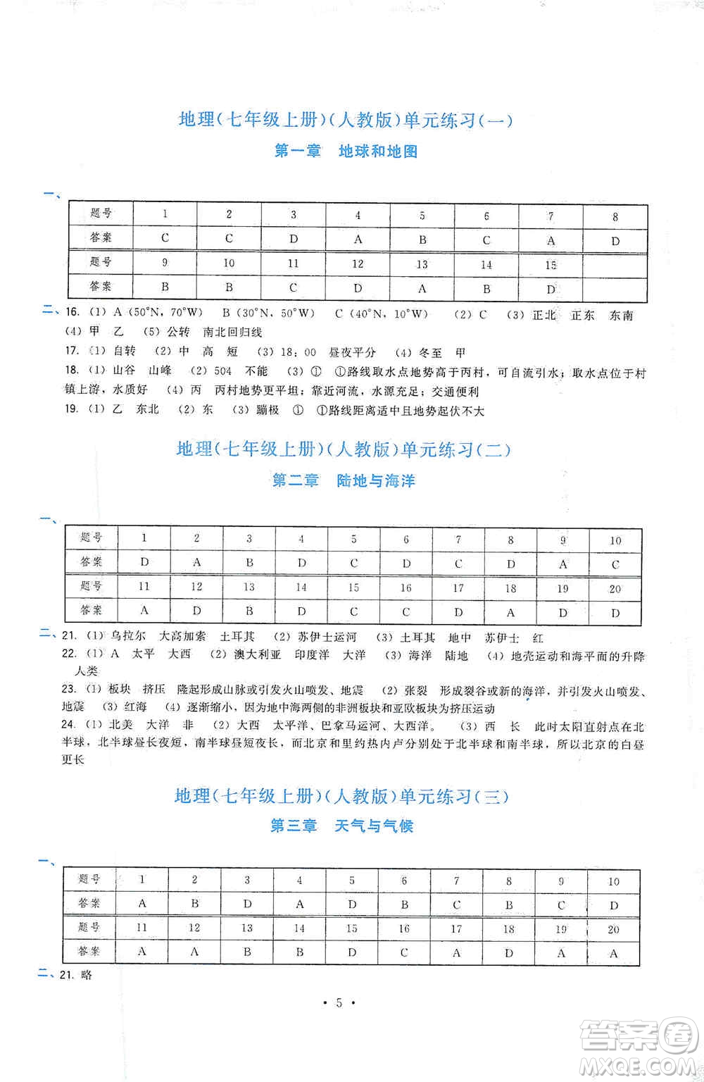 福建人民出版社2019頂尖課課練七年級(jí)地理上冊(cè)人教版答案